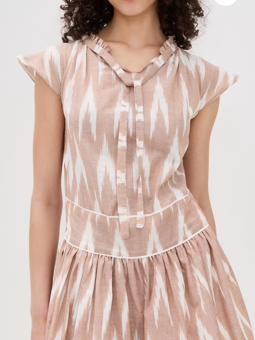 Ikat Print Tie-Neck Mini Dress in tan/white